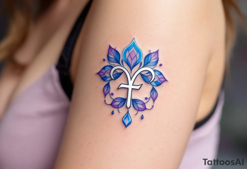 A silver  ᚹ love rune with blue accents, surrounded by violet tattoo idea