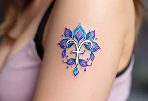 A silver  ᚹ love rune with blue accents, surrounded by violet tattoo idea