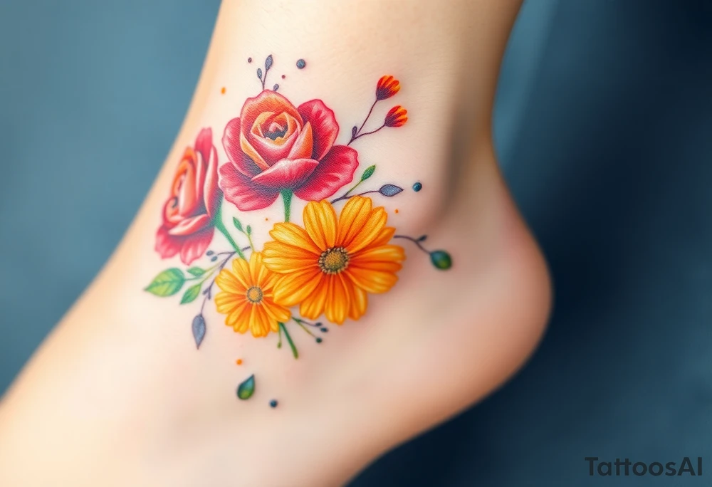 a colorful, vibrant, watercolor tattoo with one red rose, one orange lily, one gold marigold, and one orange cosmos flower and with splashes of color tattoo idea