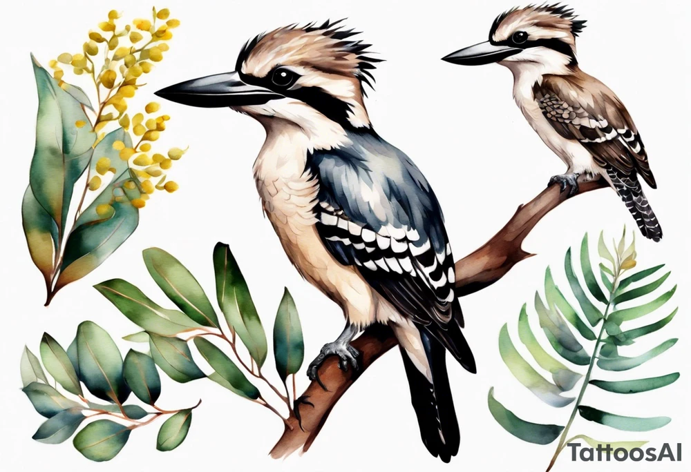 Small kookaburra with eucalyptus leaves and wattle leaves tattoo idea