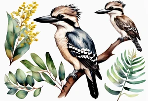 Small kookaburra with eucalyptus leaves and wattle leaves tattoo idea
