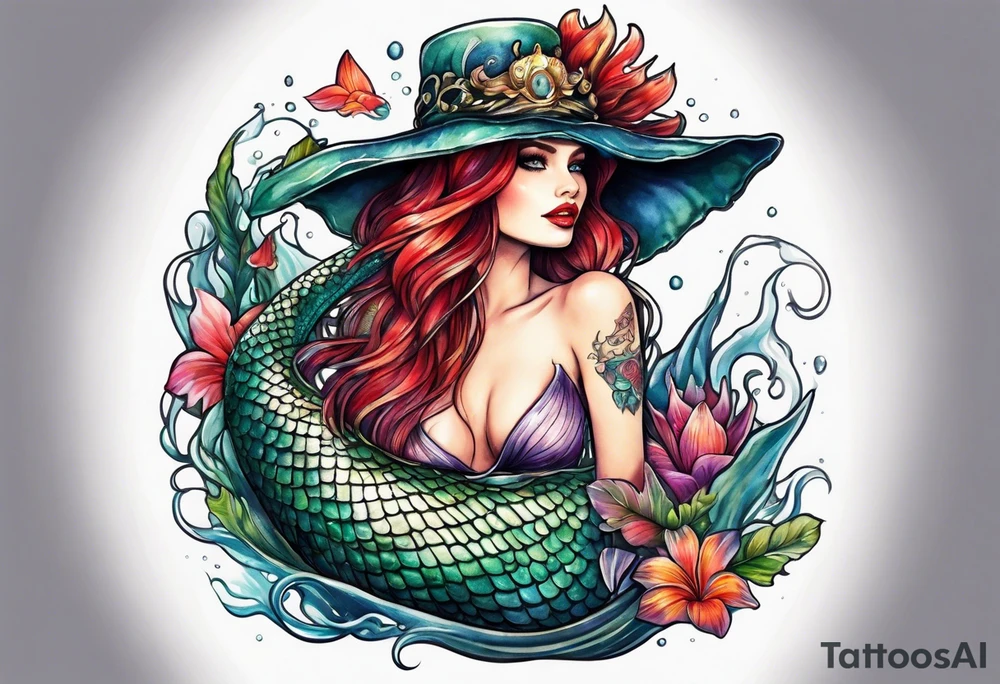 Mermaid wearing an alligator hat tattoo idea