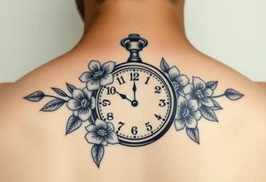 Antique pocket watch with flowers on it and the time is set to 5:03 tattoo idea