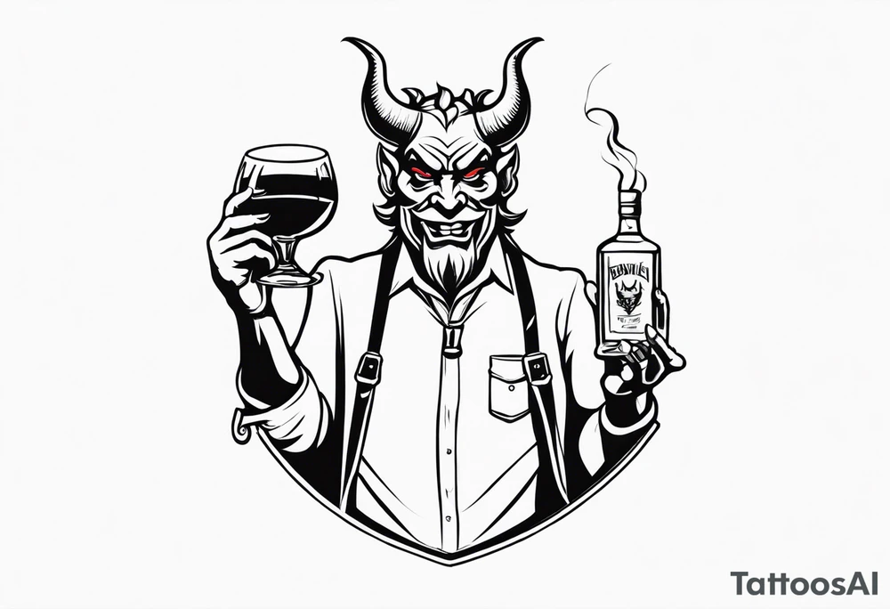 Devil holding whiskey bottle tattoo idea