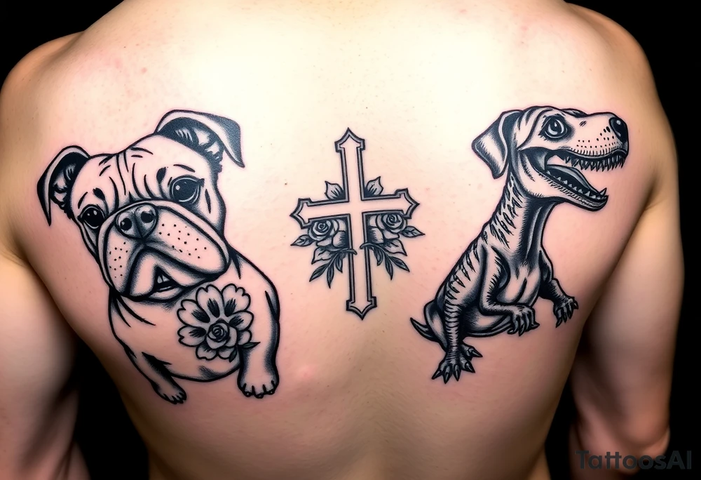 2 bulldogs with 2 dachunds with a paw print, a cross with roses, and a dinosaur tattoo idea