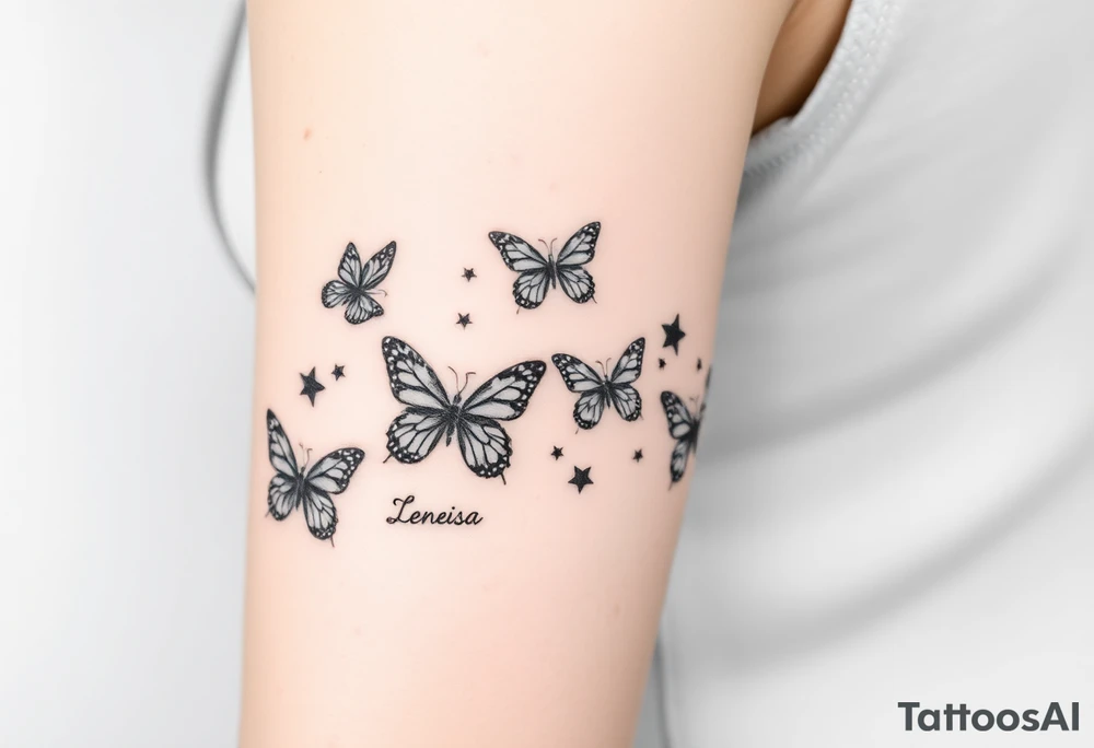 Six different butterflies streaming down arm with six kids names Aden, Aninna, Novaih, Rayla, Jayla, Teresa tattoo idea