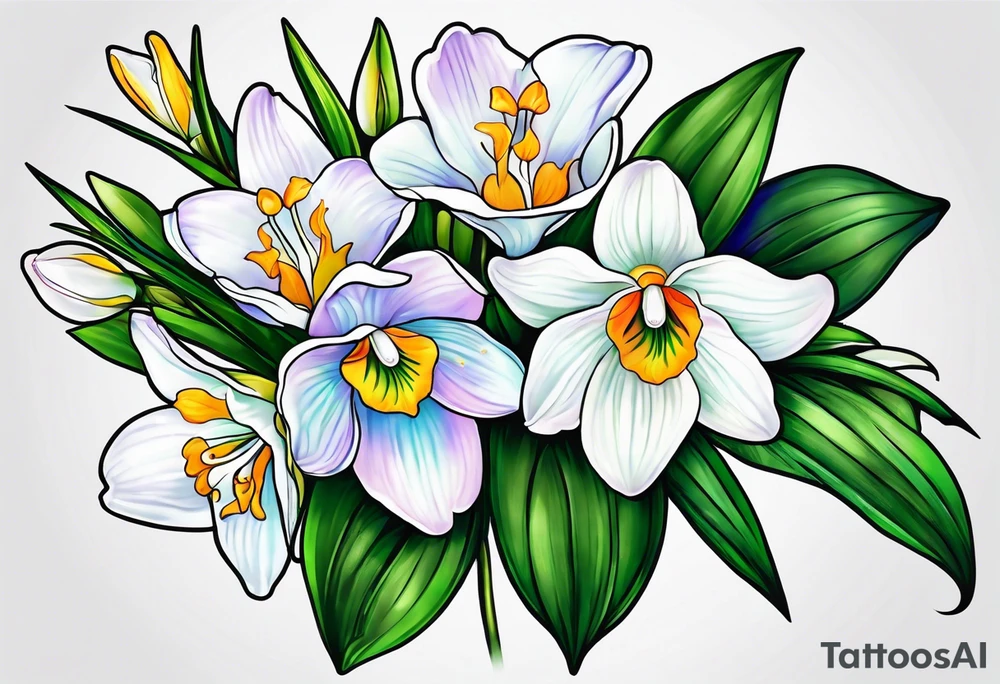 snowdrop, iris, cherry blossom, daisy, morning glory bouquet tattoo idea