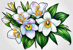 snowdrop, iris, cherry blossom, daisy, morning glory bouquet tattoo idea