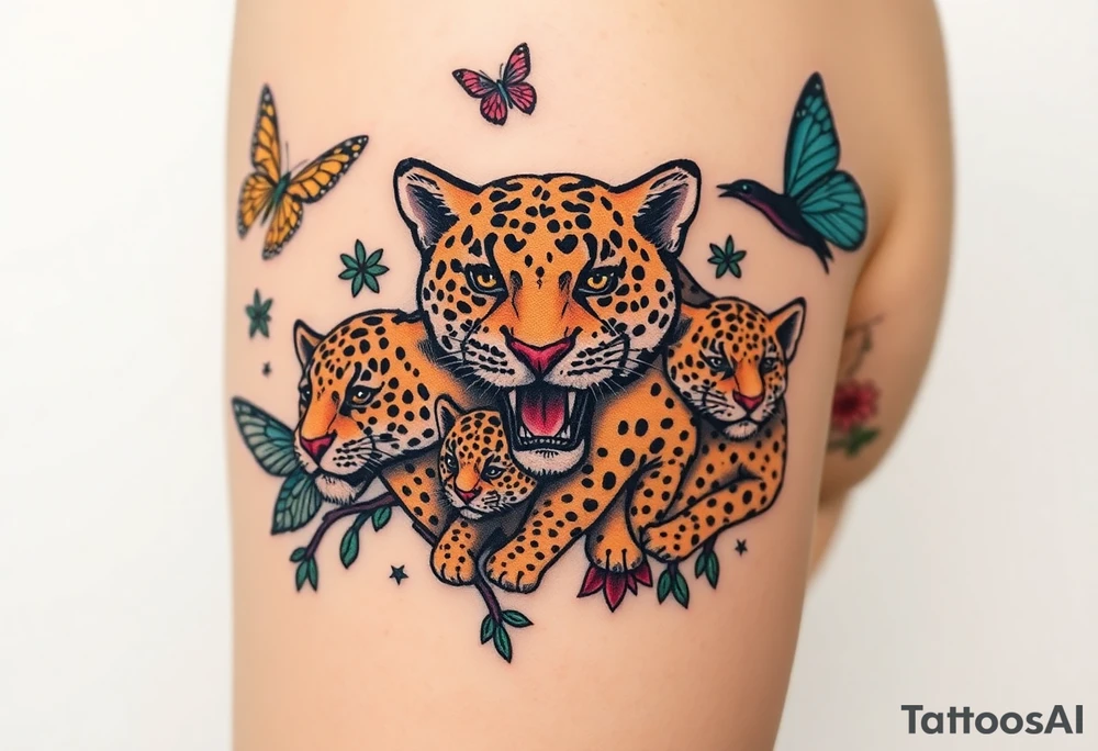 head of 3 jaguars (1 mother and 2 cubs) surrounded by butterflies and hummingbirds in new old school style tattoo idea