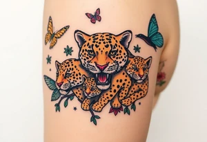 head of 3 jaguars (1 mother and 2 cubs) surrounded by butterflies and hummingbirds in new old school style tattoo idea