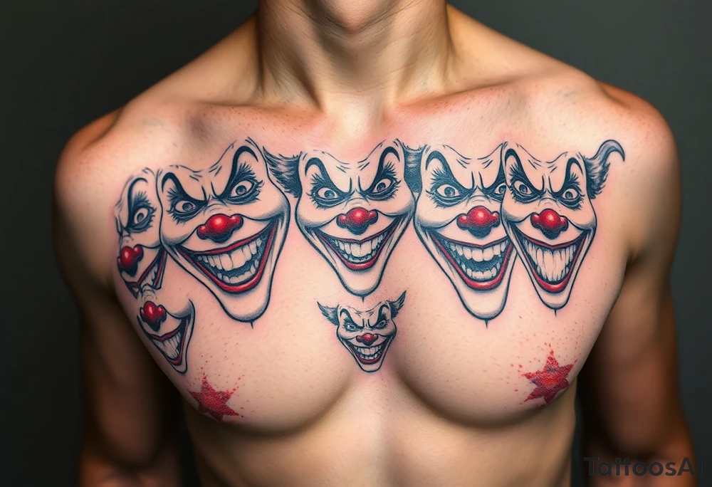 creative collage of each different emotion in different type of clown faces tattoo idea