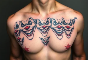 creative collage of each different emotion in different type of clown faces tattoo idea