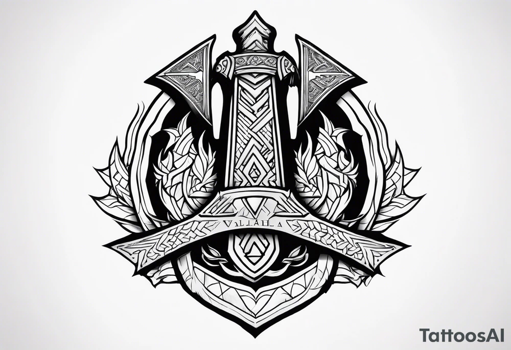 Valhalla sword shield dragon axe Valknut tattoo idea