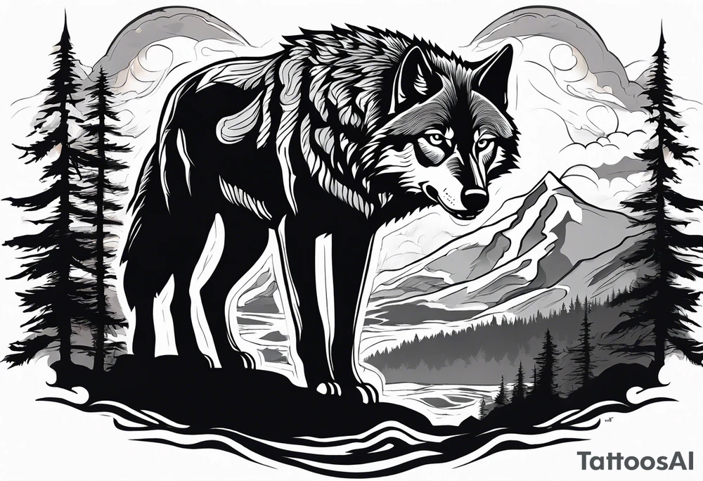 tattoo of a lone wolf navigating through a rugged landscape, with each obstacle representing a life battle – rocky terrain symbolizing challenges, storm clouds signifying hardships, and wild rivers representing struggles. The wolf is depicted with piercing eyes and a determined expression, embodying resilience and strength as it forges ahead. In the background, a subtle glow of sunlight breaks through the clouds, symbolizing hope and perseverance. Alongside the wolf, the phrase "Endure and Conquer" is inscribed in bold, minimalist lettering, encapsulating the theme of overcoming adversity with resilience and determination. tattoo idea