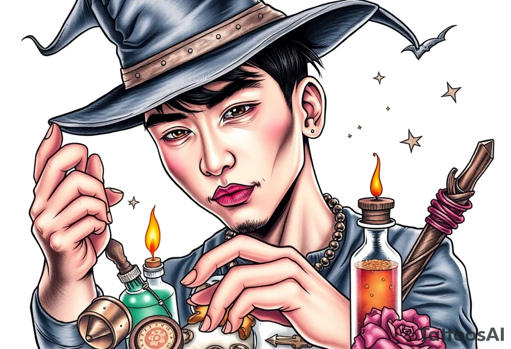 Handsome Asian young adult guy is  accidentally stumbled upon witch tools, supplies, artifacts, potions and exploring it curiously tattoo idea