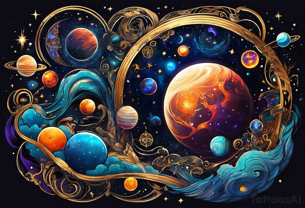 A tattoo featuring a cosmic scene with planets, black holes, and supernovae intertwined with intricate linguistic symbols, reflecting the client's interests in cosmology and linguistics. tattoo idea