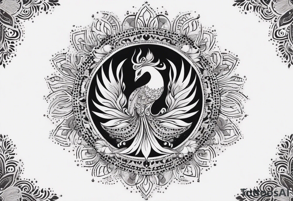 Tribal bohemian feminine impowering Phoenix rising with smoke, mandala sun, floral, lace background tattoo idea