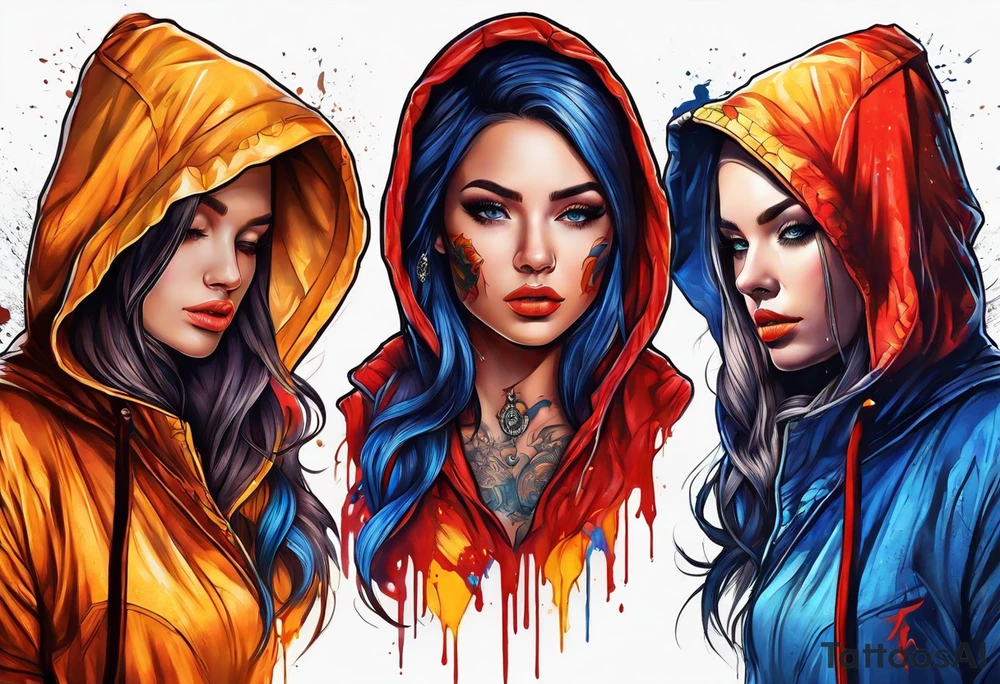 Orange yellow red blue hooded woman blood scars tattoo idea