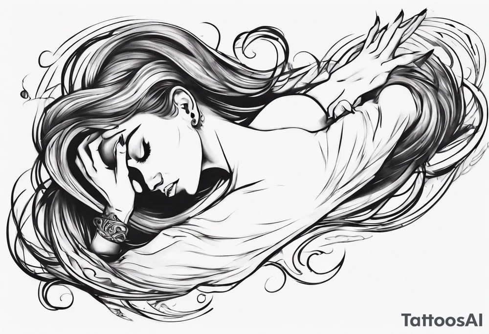 woman laying with her back facing the front and her hair flowing tattoo idea