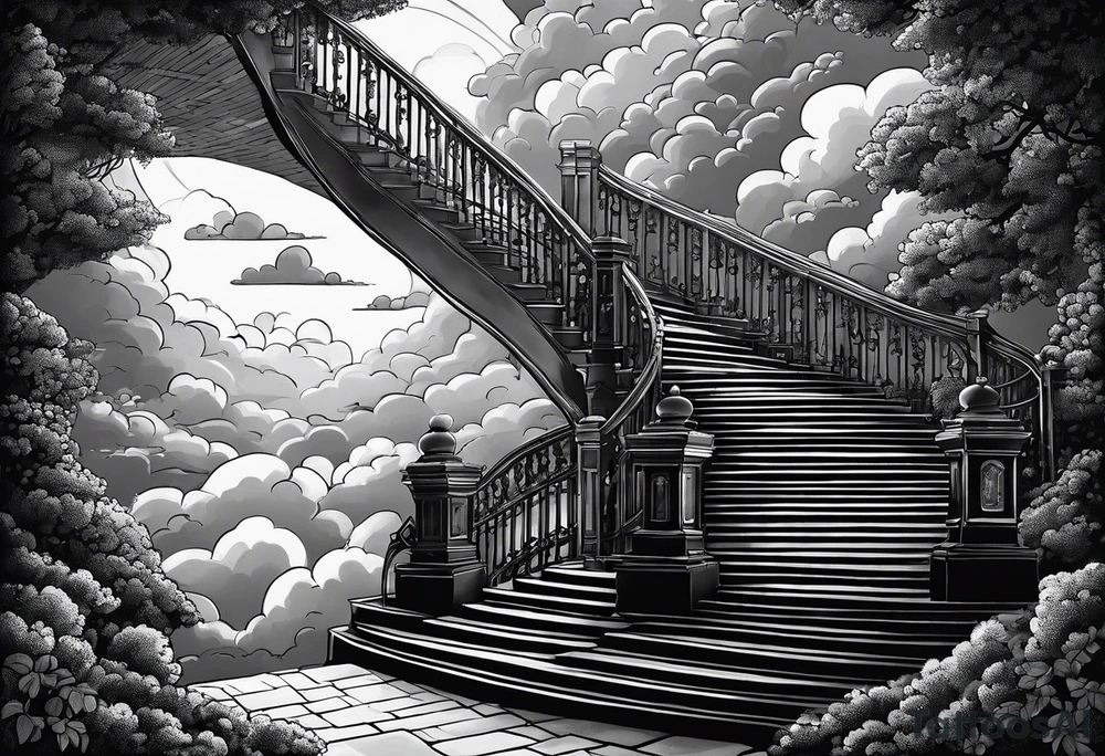 Staircase that leads through the clouds to heaven and ends at the gates of heaven. At the end there is a bright light tattoo idea