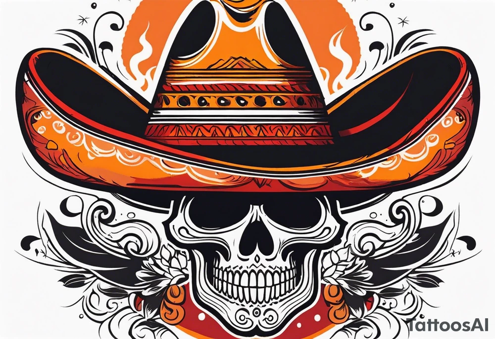 Mexican skull with sombrero with smoke coming out of the bottom orange and red tattoo idea