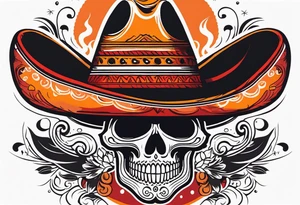 Mexican skull with sombrero with smoke coming out of the bottom orange and red tattoo idea