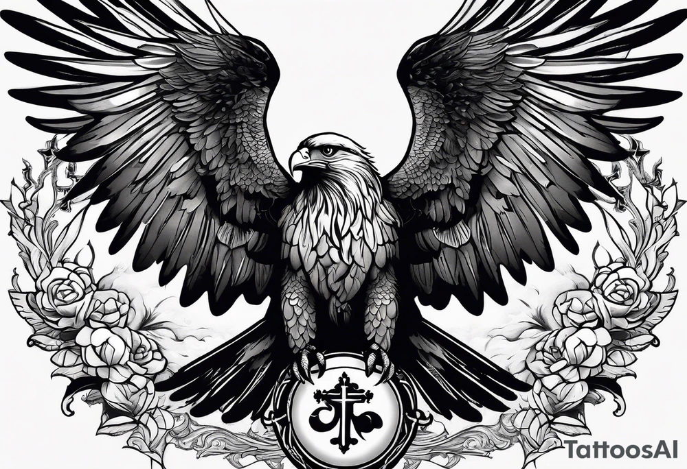 idea of pain for glory in life, discipline and catholic religion. Tattoo on the back with an eagle , 2 doves and fish tattoo idea