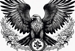 idea of pain for glory in life, discipline and catholic religion. Tattoo on the back with an eagle , 2 doves and fish tattoo idea
