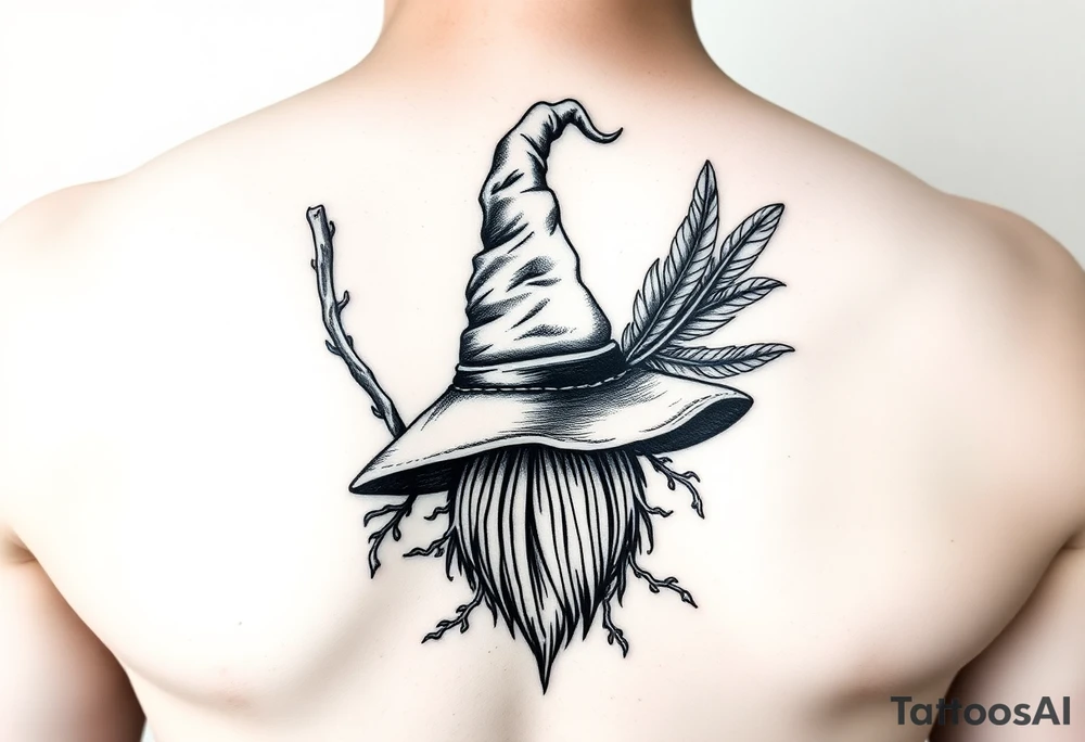 Which is broom with a witches hat with vines and feathers on your leg 
Smaller broom with hat placed on top or in the middle tattoo idea
