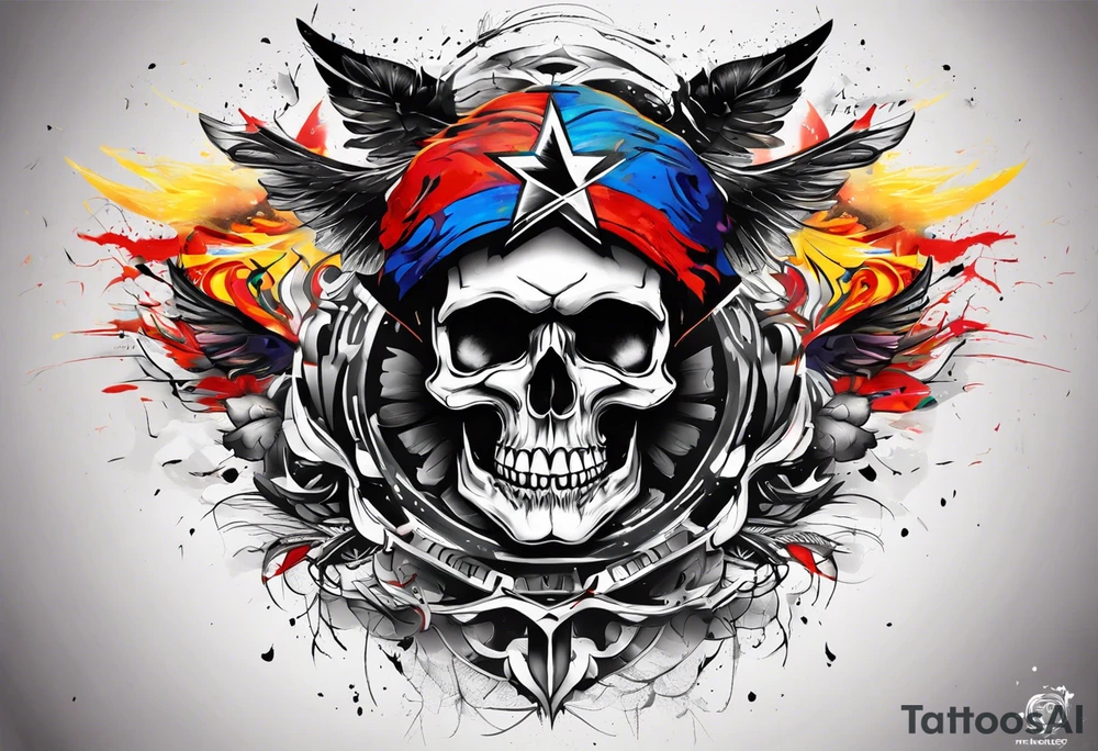 Design a tattoo concept that features a skull breaking free from censorship, symbolizing the fight for freedom of expression. The skull should be positioned on the neck, with bold lines and vibrant colors to represent the struggle against oppression. tattoo idea