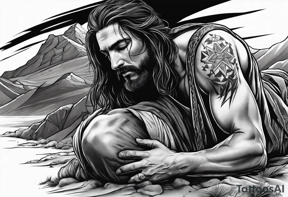 man crawling in a desert reaching to the cross of Christ tattoo idea