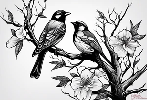 dry branch with shadows of birds tattoo idea