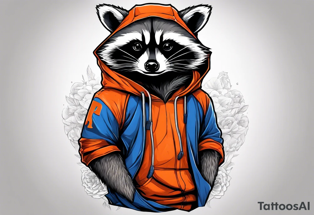 Raccoon wearing an orange Superman hoodie tattoo idea