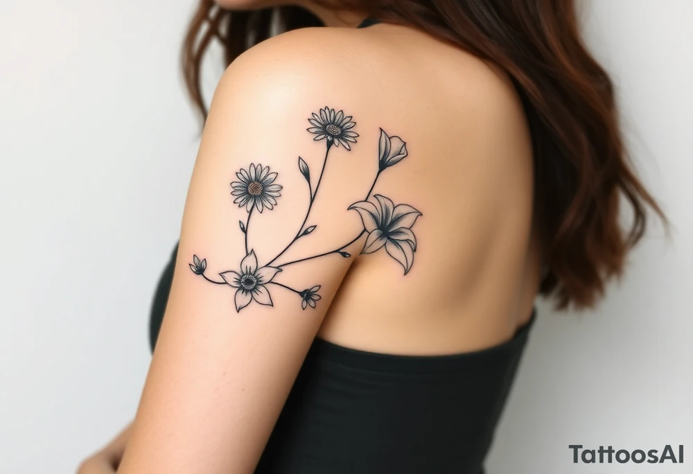 This tattoo is on a woman. It is a line of flowers connected by a single stem. It starts on her left pectoral with a Glaiolus and Daisy together, then the tatoo rises over the left shoulder and down the arm and ends at the elbow. The tattoo will include a primrose, Calla Lily, and a Lilly. It will be light on color except in the petals and has light shading to make it pop. tattoo idea