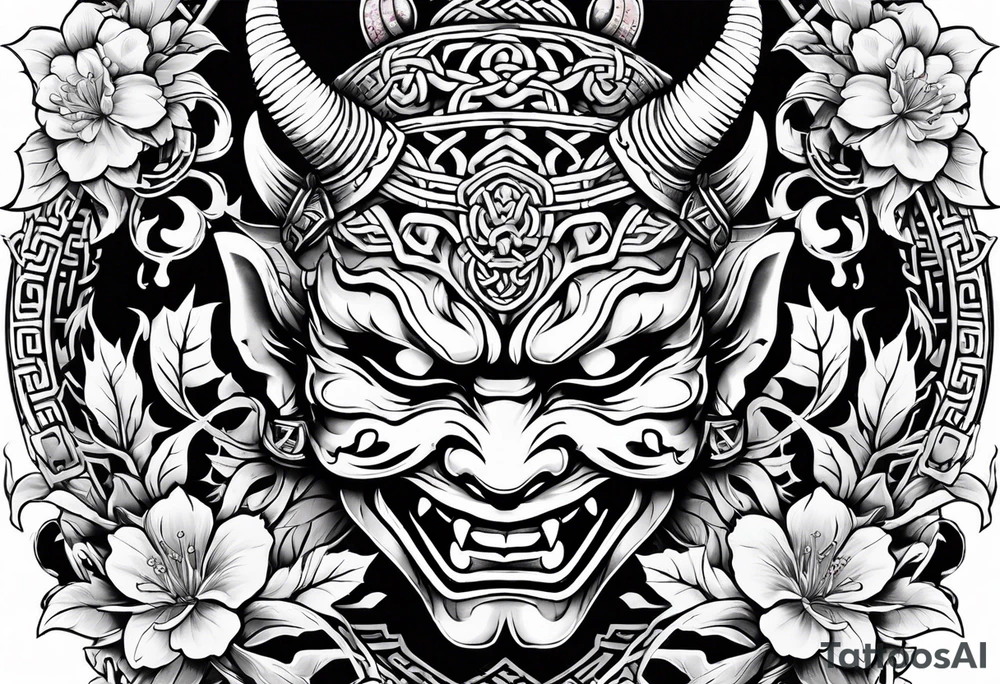 Oni mask with a cherry blossom background in a Celtic style tattoo idea Oni mask with a cherry blossom background in a Celtic style tattoo idea
