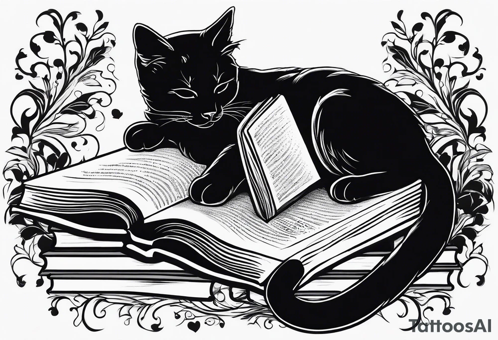 black sillhouette cat sleeping with a book sleeve tattoo tattoo idea