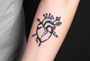 anatomical heart pierced by ornate arrow with flowing ribbons tattoo idea