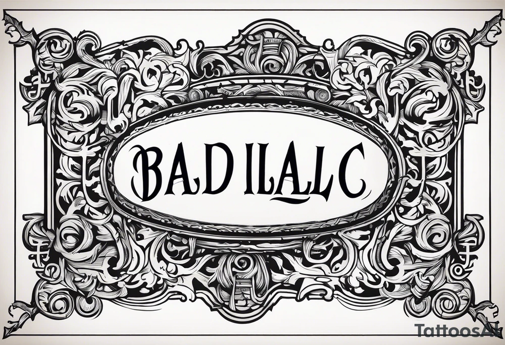 The word "BADILLAC" in medival engraving font tattoo idea