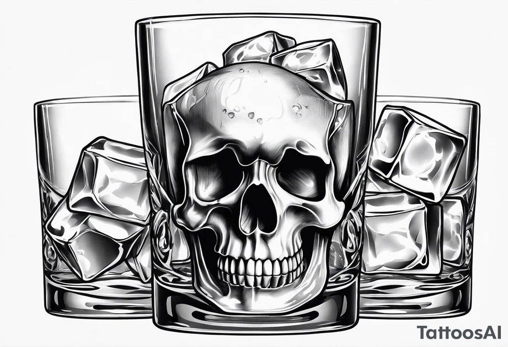 Whiskey glass with skull ice cubes tattoo idea