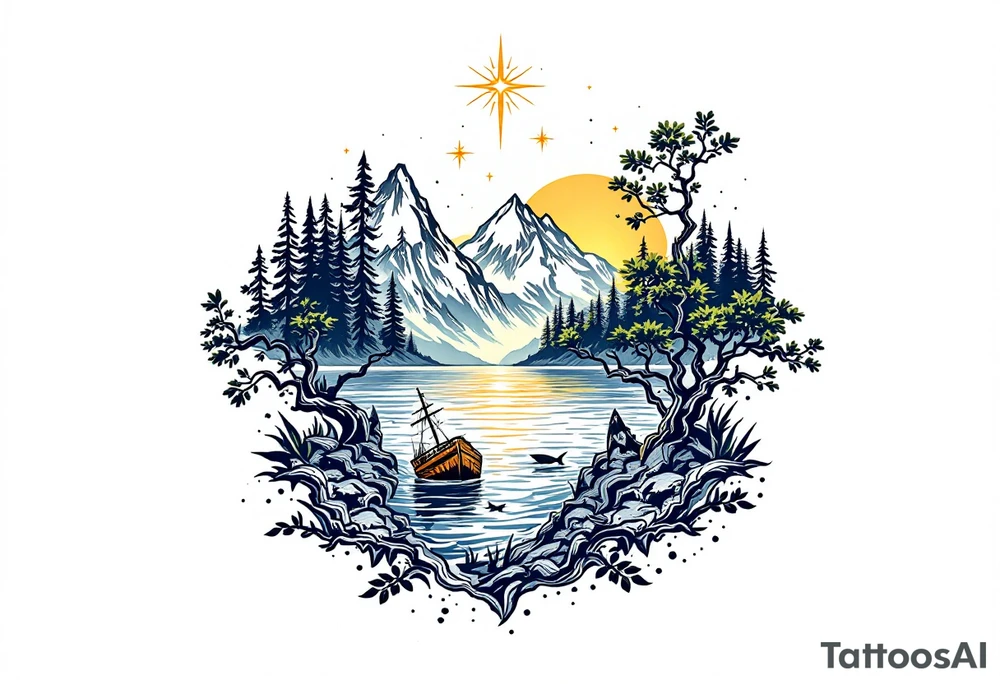 tattoo that has an acacia tree with forest mountains, ocean with a ship wreck with sharks and the bright northern star tattoo idea