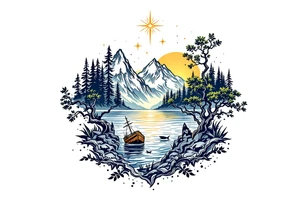 tattoo that has an acacia tree with forest mountains, ocean with a ship wreck with sharks and the bright northern star tattoo idea