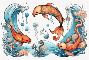 Water scene, featuring koi karp, jellyfish, seahorses and the moon. With nods to Pisces. tattoo idea