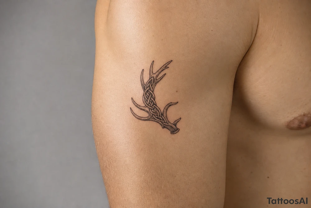 Caribou antler in Norse knot work open line concept stipple shading just one antler no background make it a realistic caribou antler shape tattoo idea