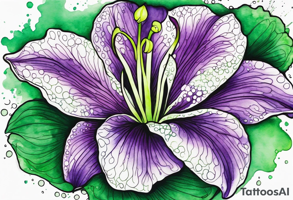An outline of a green and purple rio dipladenia flower with a mystical green/purple watercolor splash in the background tattoo idea