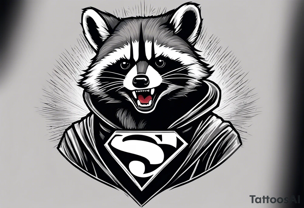 Raccoon wearing a white Superman logo on a black hoodie tattoo idea