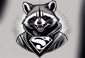 Raccoon wearing a white Superman logo on a black hoodie tattoo idea