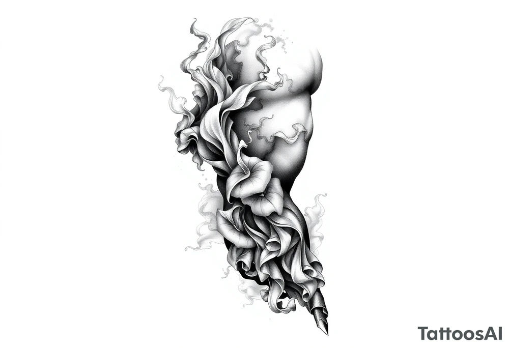 Tattoo sleeve filler using smoke, ash, and fragmented memory effects, organic flow wrapping around arm muscles, soft gradients, negative space, black and grey realism, seamless transitions between main tattoo elements. tattoo idea
