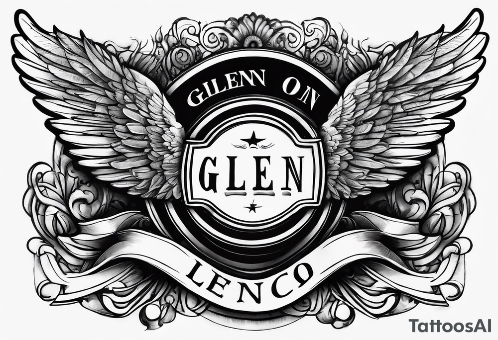 The word Glenn on a banner with angel Wings tattoo idea