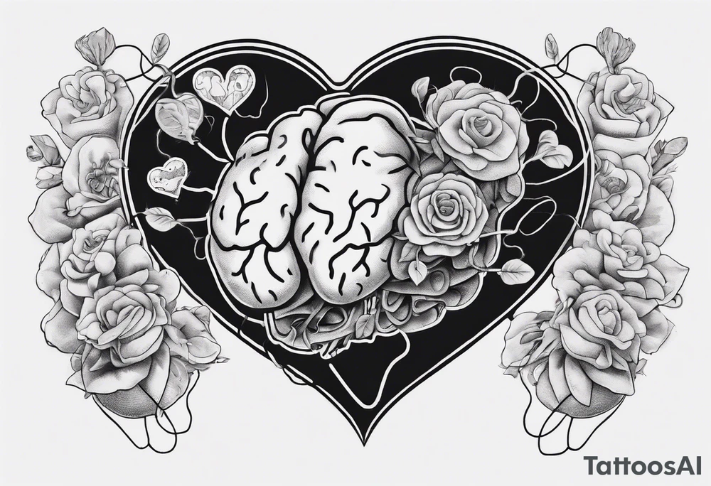 Heart and brain in line art, held down by a woman's hand holding them by string tattoo idea