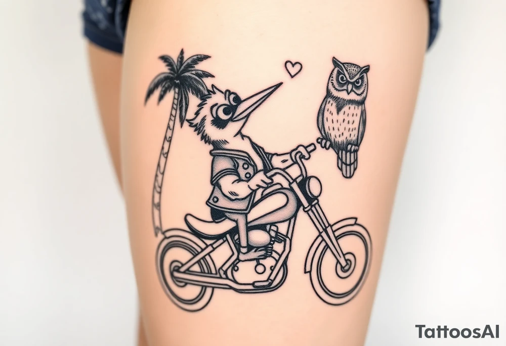 Woody the woodpecker wearing a leather vest that says peckerwoods, on a Harley Davidson under a palm tree, gazing in love at a barn owl tattoo idea